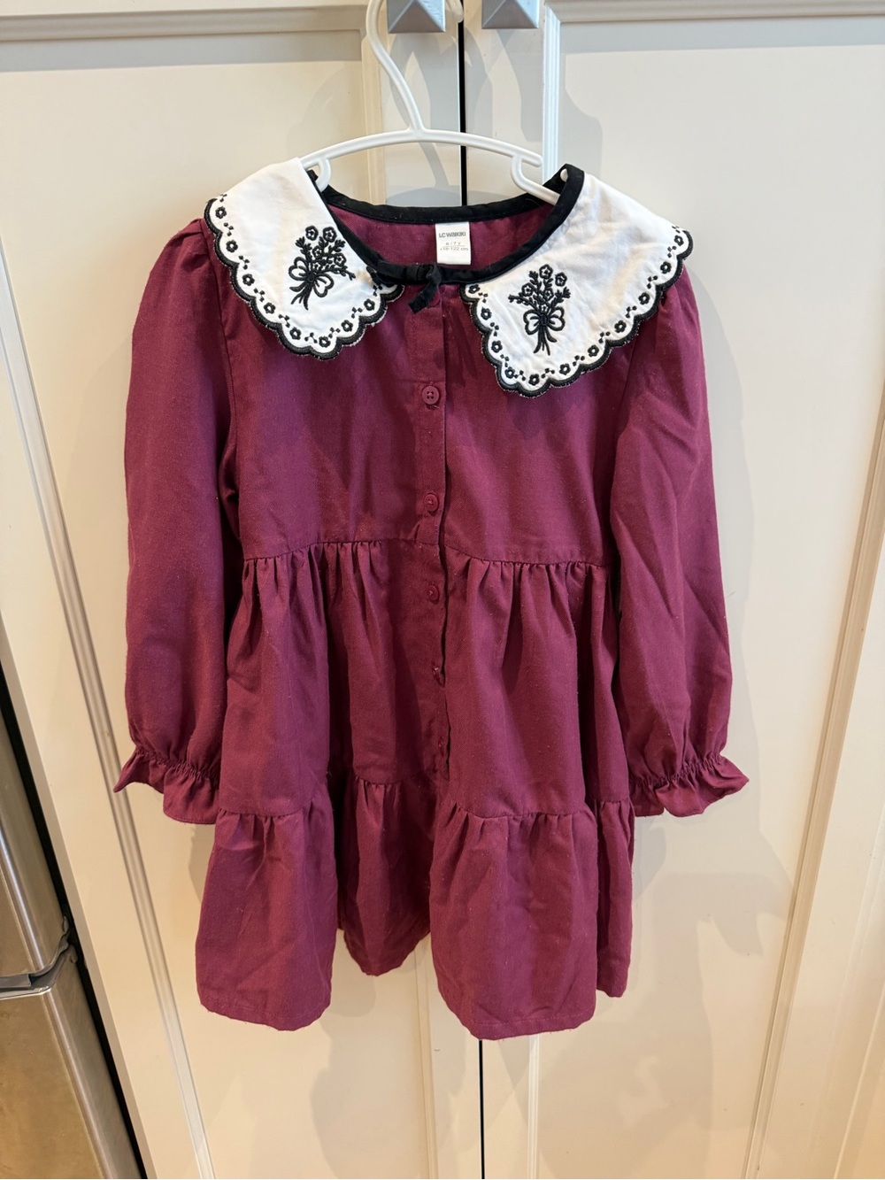 LC Waikiki 6-7 Girls Burgundy Long-Sleeve Dress with Embroidered White Collar